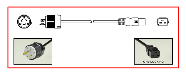 <font color="red">LOCKING</font> 20 AMPERE-125 VOLT POWER CORD, NEMA L5-20P LOCKING PLUG, IEC 60320 <font color="RED"> LOCKING C-19 CONNECTOR</font>, SJTOW 12/3 AWG, 105C, 2 POLE-3 WIRE GROUNDING [2P+E], 2.5 METERS [8FT-2IN] [98"] LONG. BLACK. 
<br><font color="yellow">Length: 2.5 METERS [8FT-2IN]</font>

<br><font color="yellow">Notes: </font> 
<br><font color="yellow">*</font> Locking C19 connector designed to securely lock onto all C20 inlets, C20 plugs, C20 power cords.
<br><font color="yellow">*</font> IEC 60320 C19 connector locks onto C20 power inlets or C20 plugs. (<font color="red"> Red color (slide release latch) unlocks the C19 connector.</font>)
<br><font color="yellow">*</font> <font color="red">Locking</font> European, British, UK, Australian, International and America / Canada NEMA 5-15P, 5-20P, 6-15P, 6-20P, L5-15P, L6-15P, L5-20P, L6-20P, L5-30P, L6-30P, IEC 60309 (6h), IEC 60320 C13, IEC 60320 C19 locking power cords are listed below in related products. Scroll down to view.