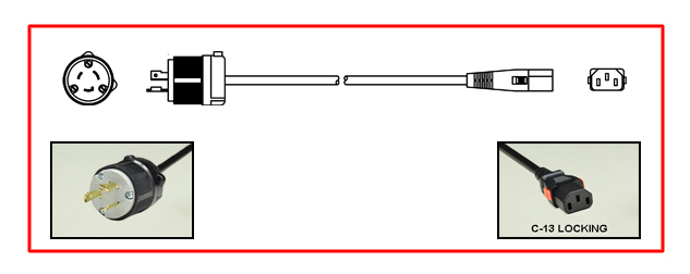 <font color="red">LOCKING</font> 15 AMPERE-250 VOLT POWER CORD, NEMA L6-20P LOCKING PLUG, IEC 60320 <font color="RED"> LOCKING C-13 CONNECTOR</font>, SJT 14/3 AWG, 105C, 2 POLE-3 WIRE GROUNDING (2P+E). 2.44 METERS (8 FEET) (96") LONG. BLACK. 
<br><font color="yellow">Length: 2.44 METERS (8 FEET)</font>

<br><font color="yellow">Notes: </font> 
<br><font color="yellow">*</font> Locking C13 connector designed to securely lock onto all C14 inlets, C14 plugs, C14 power cords.
<br><font color="yellow">*</font> IEC 60320 C13 connector locks onto C14 power inlets or C14 plugs. (<font color="red"> Red color (slide release latch) unlocks the C13 connector.</font>)
<br><font color="yellow">*</font> <font color="red"> Locking</font> European, British, UK, Australian, International and America / Canada NEMA 5-15P, 5-20P, 6-15P, 6-20P, L5-15P, L6-15P, L5-20P, L6-20P, L5-30P, L6-30P, IEC 60309 (6h), IEC 60320 C13, IEC 60320 C19 locking power cords are listed below in related products. Scroll down to view.