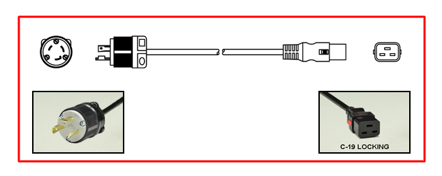 <font color="red">LOCKING</font> 30 AMPERE-250 VOLT POWER CORD, NEMA L6-30P LOCKING PLUG, IEC 60320 <font color="RED"> LOCKING C-19 CONNECTOR</font>, SJTOW 12/3 AWG, 105C, 2 POLE-3 WIRE GROUNDING [2P+E], 2.5 METERS [8FT-2IN] [98"] LONG. BLACK. 
<br><font color="yellow">Length: 2.5 METERS [8FT-2IN]</font>

<br><font color="yellow">Notes: </font> 
<br><font color="yellow">*</font> Locking C19 connector designed to securely lock onto all C20 inlets, C20 plugs, C20 power cords.
<br><font color="yellow">*</font> IEC 60320 C19 connector locks onto C20 power inlets or C20 plugs. (<font color="red"> Red color (slide release latch) unlocks the C19 connector.</font>)
<br><font color="yellow">*</font> <font color="red">Locking</font> European, British, UK, Australian, International and America / Canada NEMA 5-15P, 5-20P, 6-15P, 6-20P, L5-15P, L6-15P, L5-20P, L6-20P, L5-30P, L6-30P, IEC 60309 (6h), IEC 60320 C13, IEC 60320 C19 locking power cords are listed below in related products. Scroll down to view.