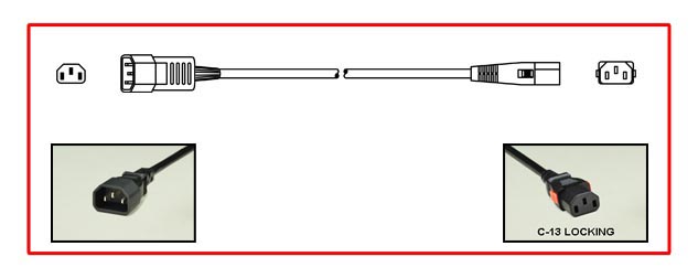 <font color="red">LOCKING</font> IEC 60320 C-13 TO C-14, 10 AMPERE-250 VOLT POWER CORD, C(UL)US, VDE, TUV UNIVERSAL APPROVALS, IEC 60320<font color="RED"> LOCKING C-13 CONNECTOR</font>, IEC 60320 C-14 PLUG, 17/3 AWG SJTO - H05VV-F, 1.0 mm, 105C, 2 POLE-3 WIRE GROUNDING [2P+E], 1.0 METERS [3FT-3IN] [39"] LONG. BLACK.
<br><font color="yellow">Length: 1.0 METERS [3FT-3IN]</font> 

<br><font color="yellow">Notes: </font> 
<br><font color="yellow">*</font> Locking C13 connector designed to securely lock onto all C14 inlets, C14 plugs, C14 power cords.
<br><font color="yellow">*</font> IEC 60320 C-13 connector locks onto C-14 power inlets or C-14 plugs. (<font color="red"> Red color (slide release latch) unlocks the C-13 connector.</font>)
<br><font color="yellow">*</font> IEC 60320 C-13, C-14 locking power cords, locking PDU outlet strips, locking C-13, C19 outlets are listed below in related products. Scroll down to view.