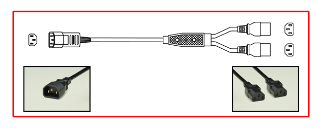 UNIVERSAL (UL, CSA, VDE APPROVALS) "Y" TYPE SPLITTER POWER CORD, 10 AMPERE-250 VOLT, IEC 60320 C-14 PLUG, TWO C-13 CONNECTORS, 2 POLE-3 WIRE GROUNDING (2P+E), 17/3 AWG, SJTO, 105C, 2.44 METERS (8 FEET) (96") LONG. BLACK.
<br><font color="yellow">Length: 2.44 METERS (8 FEET)</font>

<br><font color="yellow">Notes: </font> 
<br><font color="yellow">*</font> Overall length  = 2.44 meters, 6 foot length to Y and each IEC 60320, C13 leg is 2 feet long.
<br><font color="yellow">*</font> Universal approved C14 to C13 power cords are available in lengths from 12 inches to 20 feet long.
<br><font color="yellow">*</font> C14 to C13 Y-splitter cords along with C14, C13, C20, C19 power cords, power strips, plugs, connectors and adapters are also listed below in related products. Scroll down to view.