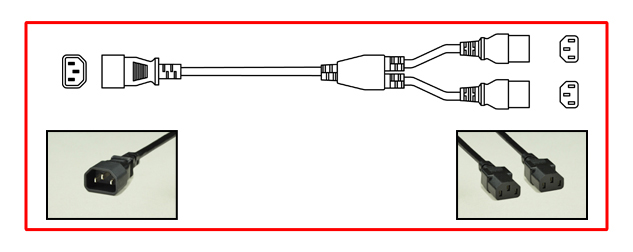 UNIVERSAL [UL, CSA, VDE APPROVALS] "Y" TYPE SPLITTER POWER CORD, 10 AMPERE-250 VOLT, IEC 60320 C-14 PLUG, TWO C-13 CONNECTORS, 2 POLE-3 WIRE GROUNDING [2P+E], 17/3 AWG, SJTO, 105C, 0.46 METERS [1FT-6IN] [18"] LONG. BLACK.
<br><font color="yellow">Length: 0.46 METERS [1FT-6IN]</font>

<br><font color="yellow">Notes: </font> 
<br><font color="yellow">*</font> Universal approved C14 to C13 power cords are available in lengths from 12 inches to 20 feet long.
<br><font color="yellow">*</font> C14 to C13 Y-splitter cords along with C14, C13, C20, C19 power cords, power strips, plugs, connectors and adapters are also listed below in related products. Scroll down to view.

 
 