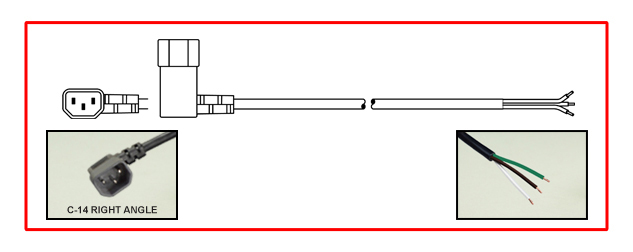 IEC 60320 RIGHT ANGLE C-14, STRIPPED ENDS, POWER SUPPLY CORD, 10 AMPERE-250 VOLT [UL/CSA], 18/3 AWG, SJT, 105C CORDAGE, 2 POLE-3 WIRE GROUNDING [2P+E], 3.05 METERS [10 FEET] [120"] LONG. BLACK.
<br><font color="yellow">Length: 3.05 METERS [10 FEET]</font>

<br><font color="yellow">Notes: </font> 
<br><font color="yellow">*</font> UL/CSA approved 10 Amp.