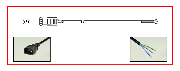 UNIVERSAL [UL, CSA, VDE, CCC APPROVED] 10 AMPERE-250 VOLT, IEC 60320 C-14 POWER SUPPLY CORD, STRIPPED ENDS, 2 POLE-3 WIRE GROUNDING [2P+E], 17/3 AWG, SJTO, 105C, 2.5 METERS [8FT-2IN] [98"] LONG. BLACK.
<br><font color="yellow">Length: 2.5 METERS [8FT-2IN]</font>   Note: Color versions also available in 
<font color="FF6347">Red, </font> 
<font color="4169E1">Blue, </font> 
<font color="228B22">Green. </font> 
Visit: <a href="https://internationalconfig.com/Color-Power-Cords-Color-Cord-Sets-Red-Blue-Green-Color-Power-Cords-C13-C14-C15-C20-C19-IEC-60320-NEMA-5-15-Red-Blue-Green-Color-Power-Cords.asp" style="text-decoration: none">"Color Power Cord Selector"</a>

<br><font color="yellow">Notes: </font> 
<br><font color="yellow">*</font> Universal approved C14 to C13 power cords are available in lengths from 12 inches to 20 feet long.
<br><font color="yellow">*</font> C14 to C13 Y-splitter cords along with C14, C13, C20, C19 power cords, power strips, plugs, connectors and adapters are also listed below in related products. Scroll down to view.