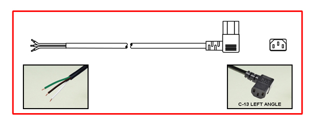 10 AMPERE-125 VOLT, IEC 60320 LEFT ANGLE C-13 POWER CORD, STRIPPED ENDS, 2 POLE-3 WIRE GROUNDING [2P+E], 18/3 AWG, SJTO, 105C, 2.5 METERS [8FT-2IN] [98"] LONG. BLACK.
<br><font color="yellow">Length: 2.5 METERS [8FT-2IN]</font>

<br><font color="yellow">Notes: </font> 
<br><font color="yellow">*</font> C14 to C13 power cords are available in lengths from 12 inches to 20 feet long.
<br><font color="yellow">*</font> C14 to C13 Y-Splitter cords along with C14, C13, C20, C19 power cords, power strips, plugs, connectors and adapters are also listed below in related products. Scroll down to view.