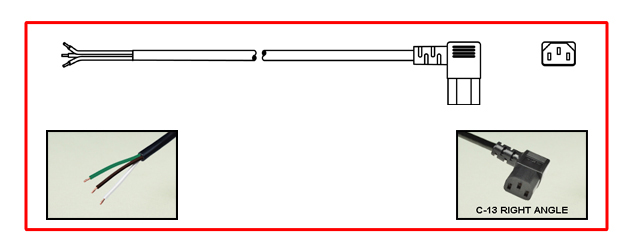 10 AMPERE-125 VOLT, IEC 60320 RIGHT ANGLE C-13 POWER CORD, STRIPPED ENDS, 2 POLE-3 WIRE GROUNDING (2P+E), 18/3 AWG, SJTO, 105C, 2.5 METERS [8FT-2IN] [98"] LONG. BLACK.
<br><font color="yellow">Length: 2.5 METERS [8FT-2IN]</font>

<br><font color="yellow">Notes: </font> 
<br><font color="yellow">*</font> C14 to C13 power cords are available in lengths from 12 inches to 20 feet long.
<br><font color="yellow">*</font> C14 to C13 Y-Splitter cords along with C14, C13, C20, C19 power cords, power strips, plugs, connectors and adapters are also listed below in related products. Scroll down to view.