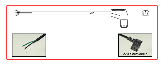 10 AMPERE-125 VOLT, IEC 60320 RIGHT ANGLE C-13 POWER CORD, STRIPPED ENDS, 2 POLE-3 WIRE GROUNDING (2P+E), 18/3 AWG, SJTOW, 105C, 3.05 METERS (10 FEET) (120") LONG. BLACK.
<br><font color="yellow">Length: 3.05 METERS (10 FEET)</font>

<br><font color="yellow">Notes: </font> 
<br><font color="yellow">*</font> C14 to C13 power cords are available in lengths from 12 inches to 20 feet long.
<br><font color="yellow">*</font> C14 to C13 Y-Splitter cords along with C14, C13, C20, C19 power cords, power strips, plugs, connectors and adapters are also listed below in related products. Scroll down to view.