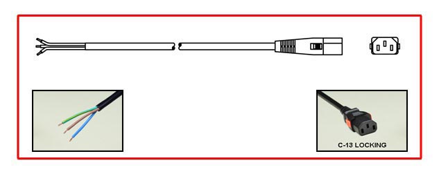 <font color="red">LOCKING</font> IEC 60320 C-13, 10 AMPERE-250 VOLT POWER SUPPLY CORD, C(UL)US, VDE, TUV UNIVERSAL APPROVALS, IEC 60320 <font color="RED"> LOCKING C-13 CONNECTOR</font>, 17/3 AWG SJTO - H05VV-F, 1.0 mm, 105C, 2 POLE-3 WIRE GROUNDING [2P+E], STRIPPED ENDS, 2.0 METERS [6FT-7IN] [79"] LONG. BLACK.
<br><font color="yellow">Length: 2.0 METERS [6FT-7IN]</font>

<br><font color="yellow">Notes: </font> 
<br><font color="yellow">*</font> Locking C13 connector designed to securely lock onto all C14 inlets, C14 plugs, C14 power cords. 
<br><font color="yellow">*</font> IEC 60320 C13 connector locks onto C14 power inlets or C14 plugs. <font color="red">Red color (slide release latch) unlocks the C13 connector</font>.
<br><font color="yellow">*</font> IEC 60320 C-13, C14 locking power cords, locking PDU outlet strips, locking C13, C19 outlets are listed below under related products. Scroll down to view.