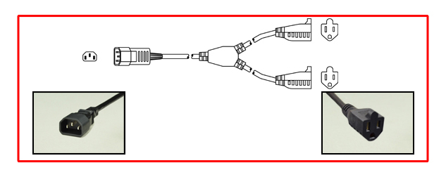 "Y" TYPE SPLITTER POWER CORD, 13 AMPERE-125 VOLT, IEC 60320 C-14 PLUG, TWO NEMA 5-15 CONNECTORS, 16/3 AWG, SJT CORDAGE, -20C TO 105C, 2 POLE-3 WIRE GROUNDING [2P+E], 0.36 METERS [1FT-2IN] [14"] LONG. BLACK. C(RU)US, CSA LISTED 
<br><font color="yellow">Length: 0.36 METERS [1FT-2IN]</font> 

<br><font color="yellow">Notes: </font> 
<br><font color="yellow">*</font> Overall length = 1 foot, 7" length to center of Y and each NEMA 5-15R leg 7" long.
<br><font color="yellow">*</font> Scroll down to view related products.