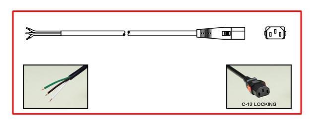 <font color="red">LOCKING</font> IEC 60320 C-13 15 AMPERE-250 VOLT POWER SUPPLY CORD, C(UL)US, IEC 60320<font color="RED"> LOCKING C-13 CONNECTOR</font>, 14/3 AWG SJT 105C, 2 POLE-3 WIRE GROUNDING [2P+E], STRIPPED ENDS, 2.5 METERS [8FT-2IN] [98"] LONG. BLACK.
<br><font color="yellow">Length: 2.5 METERS [8FT-2IN]</font>

<br><font color="yellow">Notes: </font> 
<br><font color="yellow">*</font> Locking C13 connector designed to securely lock onto all C14 inlets, C14 plugs, C14 power cords.
<br><font color="yellow">*</font> IEC 60320 C13 connector locks onto C14 power inlets or C14 plugs. <font color="red">Red color (slide release latch) unlocks the C-13 connector</font>.
<br><font color="yellow">*</font> IEC 60320 C13, C14 locking power cords, locking PDU outlet strips, locking C13, C19 outlets are listed below under related products. Scroll down to view.