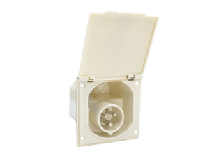 IEC 60309 (6h), 16 AMPERE-250 VOLT FLUSH MOUNT POWER INLET, SPLASHPROOF (IP44), 2 POLE-3 WIRE GROUNDING (2P+E). BEIGE. EUROPEAN APPROVALS. 

<br><font color="yellow">Notes: </font> 
<br><font color="yellow">*</font> Applications = European / International exported equipment, mobile units, RV, caravans, trailers, vans.
<br><font color="yellow">*</font> Mating in-line connector #888-3126-NS. Scroll down to view.