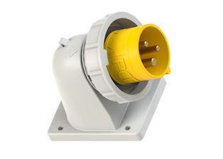 IEC 60309 (4h) PIN & SLEEVE ANGLED FLANGED POWER INLET, 16 AMPERE 110-130 VOLT, 50/60HZ, WATERTIGHT (IP67), 2 POLE-3 WIRE GROUNDING (2P+E), CEE 17, IEC 309, NYLON (POLYAMIDE BODY), OPERATING TEMP. = -25C TO +80C. 61mmX53mm C TO C MOUNTING. YELLOW. 

<br><font color="yellow">Notes: </font> 
<br><font color="yellow">*</font> 999-71324-NS-A has internal wiring polarity orientation designed for use in countries outside of North America and therefore is only European approved. If point of use for this product is within North America use our 888 series pin and sleeve devices which meet approvals and polarity requirements for North America. <a href="https://internationalconfig.com/icc6.asp?item=888-611316" style="text-decoration: none">888 Series Link</a>
<br><font color="yellow">*</font> Scroll down to view additional yellow IEC 60309 (4h) devices listed below in the related products or <BR>download the IEC 60309 Pin & Sleeve Brochure to view pin and sleeve devices.