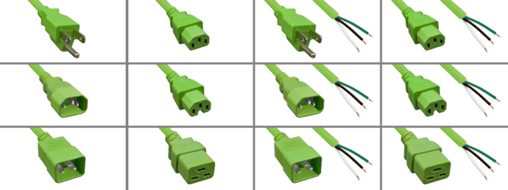 <font color="GREEN">GREEN POWER CORDS</font><BR>
Entire selection of Green power cords. "Scroll down to view".
<BR>
Configurations available:
<BR>
NEMA 5-15 Plug to C-13, C-15, C-19 and Versions with Stripped Unterminated Open Ends.
<BR>
IEC 60320 C-14 Plug to C-13, C-15, C-19 and Versions with Stripped Unterminated Open Ends.
<BR>
IEC 60320 C-20 Plug to C-13, C-19 and Versions with Stripped Unterminated Open Ends.
<BR>
IEC 60320 C-13, C-15, C-19 to Stripped Unterminated Open Ends.
<BR><BR>

<font color="YELLOW">*</font>Color Power Cords. Primary Color Choices:
<BR>
Link: <a href="https://internationalconfig.com/icc6.asp?item=Blue-Power-Cords" style="text-decoration: none">Blue Power Cords</a><BR>

Link: <a href="https://internationalconfig.com/icc6.asp?item=Green-Power-Cords" style="text-decoration: none; color: green">Green Power Cords</a><BR>

Link: <a href="https://internationalconfig.com/icc6.asp?item=Red-Power-Cords" style="text-decoration: none; color: red">Red Power Cords</a><BR>

Links: <a href="https://www.internationalconfig.com/cordhelp.asp#nema" style="text-decoration: none; color: white">Black USA NEMA Cords | <a href="https://www.internationalconfig.com/cordhelp.asp#iec_60320" style="text-decoration: none; color: white">Black IEC 60320 Cords</a> | <a href="https://www.internationalconfig.com/cordhelp.asp" style="text-decoration: none; color: white">Black Power Cord Selector</a>  <BR><BR>

<font color="YELLOW">**</font>Secondary Color Choices: <font color="YELLOW">Yellow</font>, <font color="WHITE">White</font>, <font color="GRAY">Gray</font>, <font color="PURPLE">Purple</font>, <font color="PINK">Pink</font>. Contact sales office for availability of these colors.