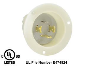 20 AMPERE-125/250 VOLT NEMA L14-20P FLANGED PANEL MOUNT POWER INLET, 3 POLE-4 WIRE GROUNDING (3P+E), IMPACT RESISTANT NYLON BODY, SPECIFICATION GRADE. WHITE. 

<br><font color="yellow">Notes: </font>
<br><font color="yellow">*</font> Weatherproof / dust proof applications use #5202-WC cover or #79485 cover.
<br><font color="yellow">*</font> Terminals accept 14AWG-8AWG. Max torque = 12 in. lbs. Temp. range = -40C to +75C.
 <br><font color="yellow">**</font> NEMA Panel Mount Inlets with same mounting design listed below.
<BR>**NEMA L1420 Locking Inlet Part #L1420-FI, (20A-125/250V). Accepts L1420-C Connectors.
<BR>**NEMA L1430 Locking Inlet Part #L1430-FI, (30A-125/250V). Accepts L1430-C Connectors.
<BR>**NEMA L1520 Locking Inlet Part #L1520-FI, (20A-250V, 3 Phase). Accepts L1520-C Connectors.
<BR>**NEMA L1530 Locking Inlet Part #L1530-FI, (30A-250V, 3 Phase). Accepts L1530-C Connectors.
<BR>**NEMA L1620 Locking Inlet Part #L1620-FI, (20A-480V, 3 Phase). Accepts L1620-C Connectors.
<BR>**NEMA L1630 Locking Inlet Part #L1630-FI, (30A-480V, 3 Phase). Accepts L1630-C Connectors.

<br><font color="yellow">View:</font> Mating power connector # <a href="https://internationalconfig.com/icc6.asp?item=L1420-C" style="text-decoration: none">L1420-C</a>.

<br><font color="yellow">View:</font> High Power NEMA Locking 20A- 30A (4Pole / 5 Pole) Inlets & Outlets. <a href="https://www.internationalconfig.com/catalog_pages/flanged_inlets_flanged_outlets_guide.pdf" style="text-decoration: none">NEMA Flanged Outlets 
 & Inlets Guide</a> 
<br><font color="yellow">*</font> Plugs, power cords, outlets, connectors, inlets are listed below in related products. Scroll down to view.
