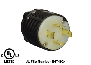 30 AMPERE-480 VOLT, 3 PHASE (X,Y,Z,+G) NEMA L16-30P LOCKING PLUG, SPECIFICATION GRADE, IMPACT RESISTANT NYLON BODY, CABLE DUST / MOISTURE SHIELD (IP20), 3 POLE-4 WIRE GROUNDING (3P+E). BLACK / WHITE. 

<br><font color="yellow">Notes: </font> 
<br><font color="yellow">*</font> Terminals accept 14/3, 12/3, 10/3 AWG size conductors.
<br><font color="yellow">*</font> Strain relief (cord grip range) = 0.375-1.156" dia.
<br><font color="yellow">*</font> Temp. range = -40C to +75C.
<br><font color="yellow">*</font> Power cords, plugs, connectors, outlets, inlets, receptacles, adapters are listed below in related products. Scroll down to view.