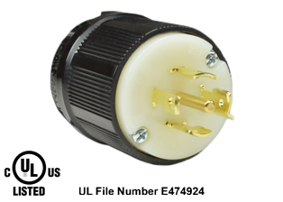 20 AMPERE-120/208 VOLT AC, 3 PHASE Y, (X, Y, Z, W, GR.), NEMA L21-20P LOCKING PLUG, SPECIFICATION GRADE, IMPACT RESISTANT NYLON BODY, CABLE ENTRY DUST / MOISTURE SHIELD (IP20), 4 POLE-5 WIRE GROUNDING (4P+E), BLACK / WHITE. 
<BR> C(UL)US LISTED, FILE #E474924.

<br><font color="yellow">Notes: </font> 
<br><font color="yellow">*</font> Accepts 14/3, 12/3, 10/3 AWG size conductors.
<br><font color="yellow">*</font> Strain relief (cord grip range) = 0.375-1.156" dia.
<br><font color="yellow">*</font> Temp. range = -40C to +75C.
<br><font color="yellow">*</font> Plugs, connectors, outlets, inlets, receptacles are listed below in related products. Scroll down to view.