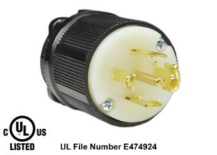 30 AMPERE-120/208 VOLT AC, 3 PHASE Y, (X, Y, Z, W, GR.), NEMA L21-30P LOCKING PLUG, SPECIFICATION GRADE, IMPACT RESISTANT NYLON BODY, CABLE ENTRY DUST / MOISTURE SHIELD (IP20), 4 POLE-5 WIRE GROUNDING (4P+E). BLACK / WHITE.
<BR> C(UL)US LISTED, FILE #E474924.
 
<br><font color="yellow">Notes: </font> 
<br><font color="yellow">*</font> Terminals accept 14/3, 12/3, 10/3 AWG size conductors.
<br><font color="yellow">*</font> Strain relief (cord grip range) = 0.375-1.156" dia.
<br><font color="yellow">*</font> Temp. range = -40C to +75C.
<br><font color="yellow">*</font> Plugs, connectors, outlets, inlets, receptacles are listed below in related products. Scroll down to view.