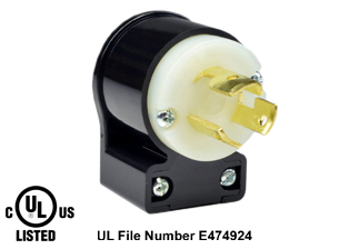 15 AMPERE-125 VOLT NEMA L5-15P LOCKING ANGLE PLUG, IMPACT RESISTANT NYLON BODY, 2 POLE-3 WIRE GROUNDING (2P+E), SPECIFICATION GRADE. BLACK / WHITE. 

<br><font color="yellow">Notes: </font> 
<br><font color="yellow">*</font> Terminals accept 18/3, 16/3, 14/3, 12/3 AWG size conductors.
<br><font color="yellow">*</font> Strain relief (cord grip range) = 0.300-0.650" dia.
<br><font color="yellow">*</font> Temp. range = -40C to +75C.
<br><font color="yellow">*</font> Plug cover design allows power cord to exit at 8 different angles. View "Dimensional Data Sheet" below for details.
<br><font color="yellow">*</font>  Plugs, receptacles, outlets, power strips, connectors, inlets, power cords, weatherproof outlets, plug adapters are listed below in related products. Scroll down to view.