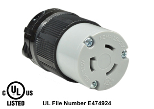 20 AMPERE-125 VOLT NEMA L5-20R LOCKING CONNECTOR, SPECIFICATION GRADE, IMPACT RESISTANT NYLON BODY, CABLE DUST / MOISTURE SHIELD (IP20), 2 POLE-3 WIRE GROUNDING (2P+E). BLACK / GRAY.

<br><font color="yellow">Notes: </font> 
<br><font color="yellow">*</font> Terminals accept 14/3, 12/3, 10/3 AWG size conductors.
<br><font color="yellow">*</font> Strain relief (cord grip range) = 0.375-1.156" dia.
<br><font color="yellow">*</font> Temp. range = -40�C to +75�C.
<br><font color="yellow">*</font> Power cords, plugs, connectors, outlets, inlets, receptacles, adapters are listed below in related products. Scroll down to view.
 