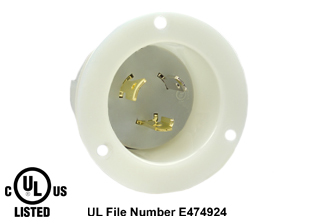 20 AMPERE-125 VOLT NEMA L5-20P LOCKING FLANGED PANEL MOUNT POWER INLET, 2 POLE-3 WIRE GROUNDING (2P+E), IMPACT RESISTANT NYLON BODY, SPECIFICATION GRADE. WHITE. 
<br><font color="yellow">Notes: </font>
<br><font color="yellow">*</font> For weatherproof / dust proof applications use #5201-WC cover or #79485 cover.
<br><font color="yellow">*</font> NEMA Panel Mount Power Inlets with same mounting design listed below. 
<BR>**NEMA #L5-20FI Locking Inlet(20A-125V). Accepts Nema L5-20C Connectors.
<BR>**NEMA #L5-30FI Locking Inlet(30A-125V). Accepts Nema L5-30C Connectors.
<BR>**NEMA #L6-20FI Locking Inlet(20A-250V). Accepts Nema L6-20C Connectors.
<BR>**NEMA #L6-30FI Locking Inlet(30A-250V). Accepts Nema L6-30C Connectors.
 <br><font color="yellow">*</font> Terminals accept 14AWG-8AWG. Max torque = 12 in. lbs. Temp. range = -40C to +75C.
<br><font color="yellow">View:</font> High Power NEMA Locking 20A, 30A Power Inlets. <a href="https://www.internationalconfig.com/catalog_pages/flanged_inlets_flanged_outlets_guide.pdf" style="text-decoration: none">NEMA Flanged Outlets 
 & Inlets Guide</a> 
<br><font color="yellow">*</font> Plugs, power cords, outlets, connectors, inlets are listed below in related products. Scroll down to view.
 