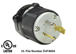 20 AMPERE-125 VOLT NEMA L5-20P LOCKING PLUG, SPECIFICATION GRADE, IMPACT RESISTANT NYLON BODY, CABLE DUST / MOISTURE SHIELD (IP20), 2 POLE-3 WIRE GROUNDING (2P+E). BLACK / GRAY.

<br><font color="yellow">Notes: </font> 
<br><font color="yellow">*</font> Terminals accept 14/3, 12/3, 10/3 AWG size conductors.
<br><font color="yellow">*</font> Strain relief (cord grip range) = 0.375-1.156" dia.
<br><font color="yellow">*</font> Temp. range = -40C to +75C.
<br><font color="yellow">*</font> Power cords, plugs, connectors, outlets, inlets, receptacles, adapters are listed below in related products. Scroll down to view.


 