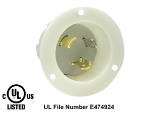30 AMPERE-125 VOLT NEMA L5-30P LOCKING FLANGED PANEL MOUNT POWER INLET, 2 POLE-3 WIRE GROUNDING (2P+E), IMPACT RESISTANT NYLON BODY, SPECIFICATION GRADE. WHITE. 

<br><font color="yellow">Notes: </font>
<br><font color="yellow">*</font> For weatherproof / dust proof applications use #5201-WC cover or #79485 cover.
<br><font color="yellow">*</font> NEMA Panel Mount Power Inlets with same mounting design listed below. 
<BR>**NEMA #L5-20FI Locking Inlet(20A-125V). Accepts Nema L5-20C Connectors.
<BR>**NEMA #L5-30FI Locking Inlet(30A-125V). Accepts Nema L5-30C Connectors.
<BR>**NEMA #L6-20FI Locking Inlet(20A-250V). Accepts Nema L6-20C Connectors.
<BR>**NEMA #L6-30FI Locking Inlet(30A-250V). Accepts Nema L6-30C Connectors.
 <br><font color="yellow">*</font> Terminals accept 14AWG-8AWG. Max torque = 12 in. lbs. Temp. range = -40C to +75C.
<br><font color="yellow">View:</font> High Power NEMA Locking 20A, 30A Power inlets. <a href="https://www.internationalconfig.com/catalog_pages/flanged_inlets_flanged_outlets_guide.pdf" style="text-decoration: none">NEMA Flanged Outlets 
 & Inlets Guide</a> 
<br><font color="yellow">*</font> Plugs, power cords, outlets, connectors, inlets are listed below in related products. Scroll down to view.
 