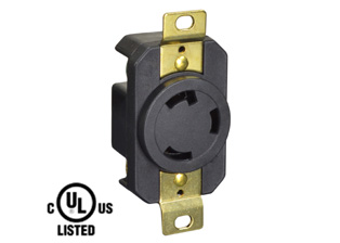 30 AMPERE-125 VOLT NEMA L5-30R LOCKING OUTLET (2P+E), BACK OR SIDE WIRED, 2 POLE-3 WIRE GROUNDING. BLACK.