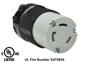 30 AMPERE-250 VOLT (NEMA L6-30R) LOCKING CONNECTOR, SPECIFICATION GRADE, IMPACT RESISTANT NYLON BODY, CABLE DUST / MOISTURE SHIELD (IP20), 2 POLE-3 WIRE GROUNDING (2P+E). BLACK / GRAY. 
 
<br><font color="yellow">Notes: </font> 
<br><font color="yellow">*</font> Terminals accept 14/3, 12/3, 10/3 AWG size conductors.
<br><font color="yellow">*</font> Strain relief (cord grip range) = 0.375-1.156" dia.
<br><font color="yellow">*</font> Temp. range = -40�C to +75�C.
<br><font color="yellow">*</font> Power cords, plugs, connectors, outlets, inlets, receptacles, adapters are listed below in related products. Scroll down to view.