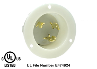 30 AMPERE-250 VOLT NEMA L6-30P LOCKING FLANGED PANEL MOUNT POWER INLET, 2 POLE-3 WIRE GROUNDING (2P+E), IMPACT RESISTANT NYLON BODY, SPECIFICATION GRADE. WHITE. 

<br><font color="yellow">Notes: </font>
<br><font color="yellow">*</font> For weatherproof / dust proof applications use #5201-WC cover or #79485 cover.
<br><font color="yellow">*</font> NEMA Panel Mount Power Inlets with same mounting design listed below. 
<BR>**NEMA #L5-20FI Locking Inlet(20A-125V). Accepts Nema L5-20C Connectors.
<BR>**NEMA #L5-30FI Locking Inlet(30A-125V). Accepts Nema L5-30C Connectors.
<BR>**NEMA #L6-20FI Locking Inlet(20A-250V). Accepts Nema L6-20C Connectors.
<BR>**NEMA #L6-30FI Locking Inlet(30A-250V). Accepts Nema L6-30C Connectors.
 <br><font color="yellow">*</font> Terminals accept 14AWG-8AWG. Max torque = 12 in. lbs. Temp. range = -40C to +75C.
<br><font color="yellow">View:</font> High Power NEMA Locking 20A, 30A Power Inlets. <a href="https://www.internationalconfig.com/catalog_pages/flanged_inlets_flanged_outlets_guide.pdf" style="text-decoration: none">NEMA Flanged Outlets 
 & Inlets Guide</a> 
<br><font color="yellow">*</font> Plugs, power cords, outlets, connectors, inlets are listed below in related products. Scroll down to view.
 