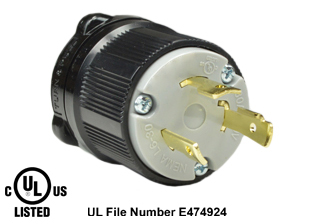 30 AMPERE-250 VOLT (NEMA L6-30P) LOCKING PLUG, SPECIFICATION GRADE, IMPACT RESISTANT NYLON BODY, CABLE DUST / MOISTURE SHIELD (IP20), 2 POLE-3 WIRE GROUNDING (2P+E). BLACK / GRAY.  
<br><font color="yellow">Approvals= cULus (USA & Canada), PSE (Japan)</font>
 
<br><font color="yellow">Notes: </font> 
<br><font color="yellow">*</font> Accepts 14/3, 12/3, 10/3 AWG size conductors.
<br><font color="yellow">*</font> Strain relief (cord grip range) = 0.375-1.156" dia.
<br><font color="yellow">*</font> Temp. range = -40�C to +75�C.
<br><font color="yellow">*</font> Power cords, plugs, connectors, outlets, inlets, receptacles, adapters are listed below in related products. Scroll down to view.