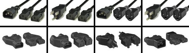 IEC60320 Splitter adapters & power cords, NEMA splitter adapters & power cords. 
<BR> Splitter adapters and splitter power cords convert one power outlet into two or more power outlets.
<BR>

<br><font color="yellow">Notes: </font>
<BR>
<font color="yellow">*</font><font color="yellow">*</font><font color="yellow">*</font> Scroll through related products. View and select compact splitter adapters or power cord Y splitters.
 


